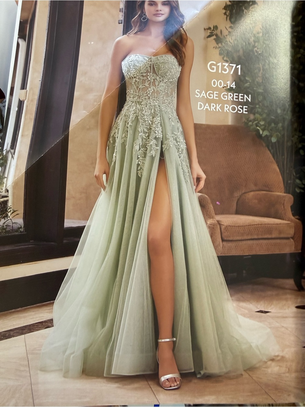 Strapless Sage Green Lace Appliqué Evening Gown